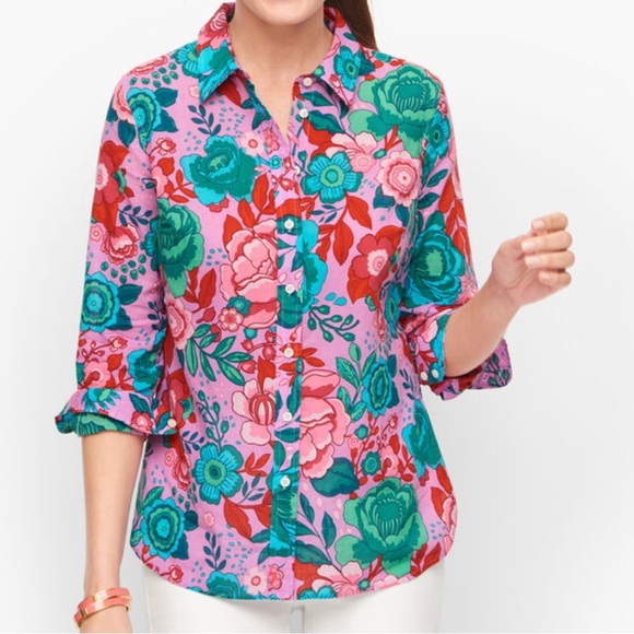 Talbots Button Front Cotton Long Sleeve Top Sketched Blooms Large Petite - Picture 1 of 4